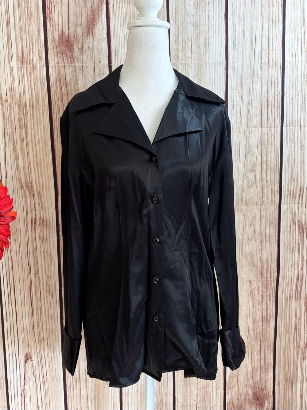 REINA New York Black Satin Button-up with Dark Silver Buttons Size Small